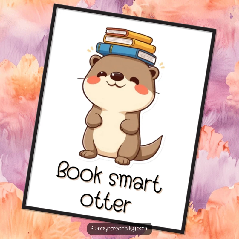 Funny poster featuring a cheerful otter character balancing a stack of books on its head, adding a humorous touch to decor.