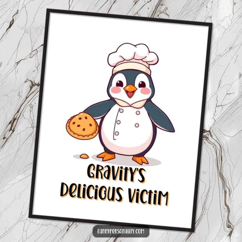 Funny poster: a penguin chef in mid-pie drop, creating a humorous and memorable kitchen scene.