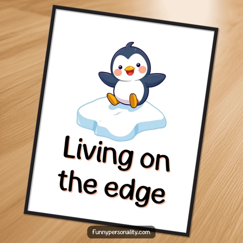 Funny poster of a playful penguin character sliding down an icy slope with a broad, beaming grin, perfect for joyful decor.