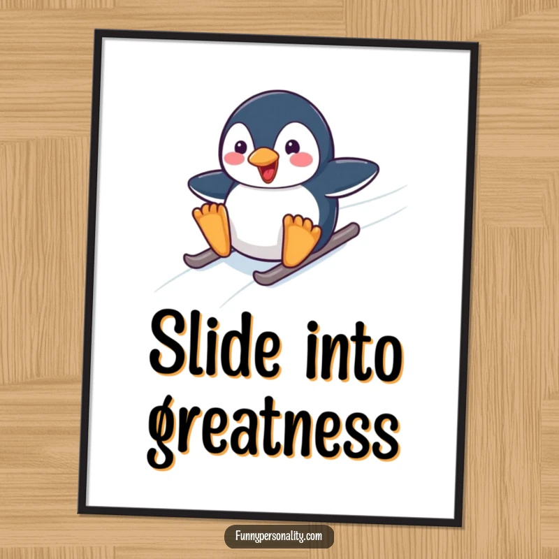 Funny poster showing a happy penguin character gleefully sliding down a vast icy slope, radiating pure winter fun and excitement.