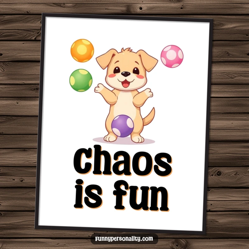 Funny puppy poster featuring a playful character juggling three colorful balls, perfect for cheerful and humorous wall decor.