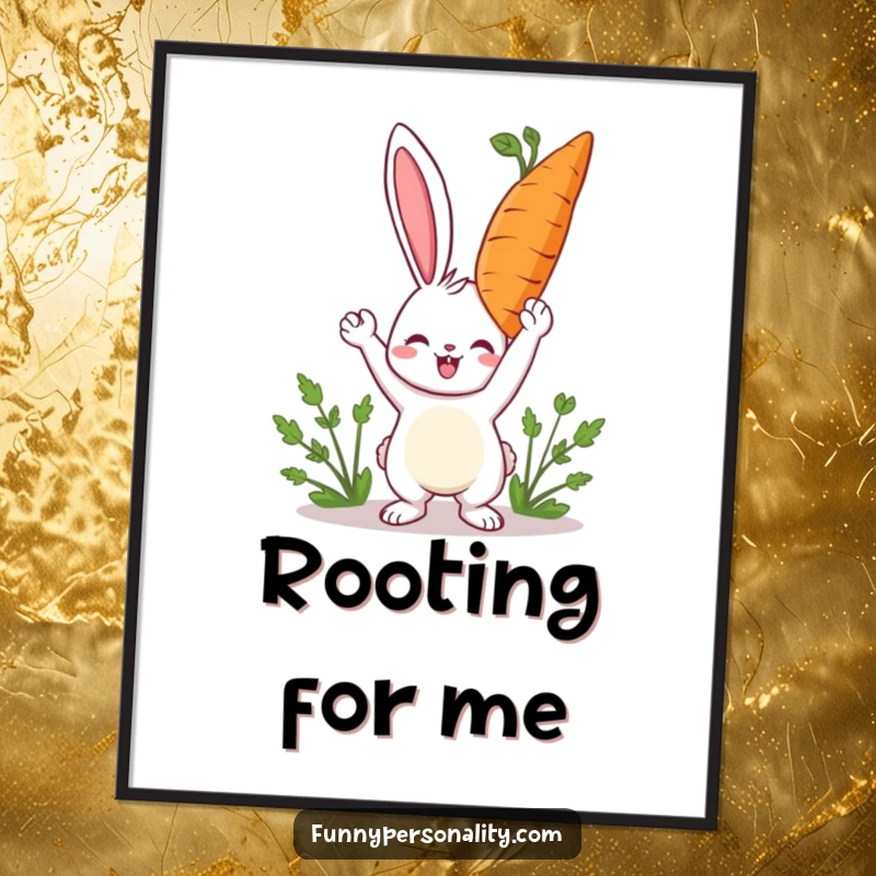 Funny rabbit poster featuring a happy character holding a giant carrot, perfect for cheerful and humorous wall art.