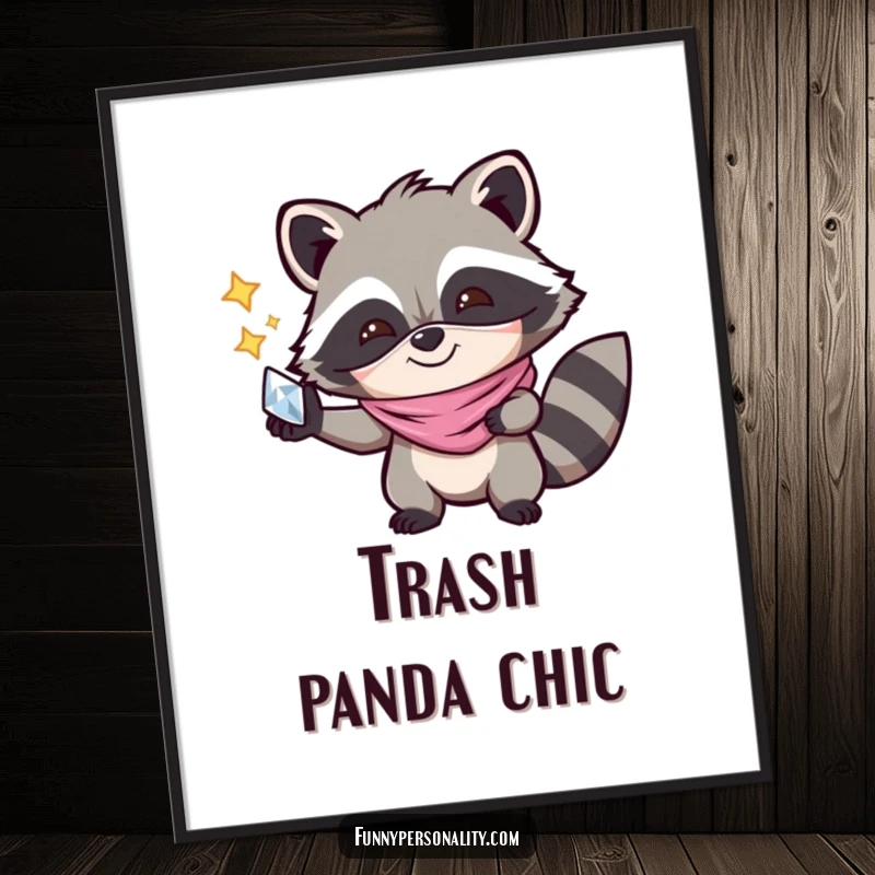 Funny Poster: A joyful raccoon wearing a mask happily clutches a shiny object, embodying playful mischief and a love for discovery.