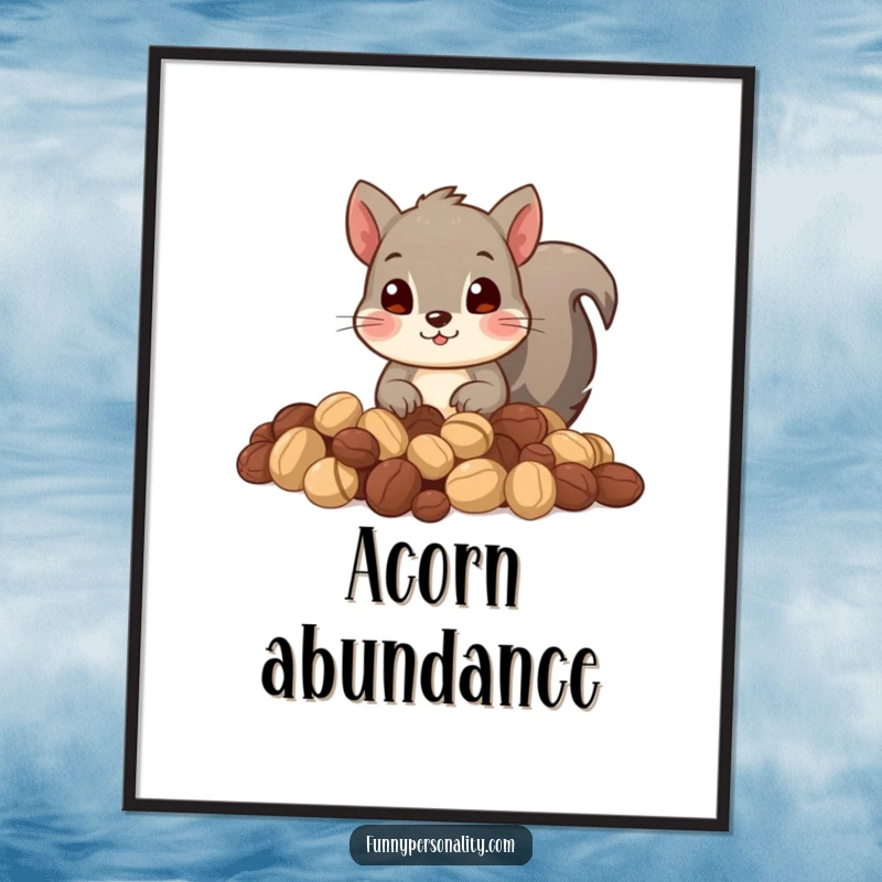 Funny poster featuring a curious squirrel peeking from a large pile of nuts. Ideal for home or office decor.