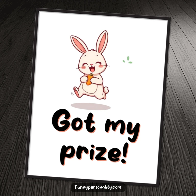 Funny Rabbit Poster depicting a cheerful bunny excitedly jumping for a carrot, a motivational and joyful piece of wall art.