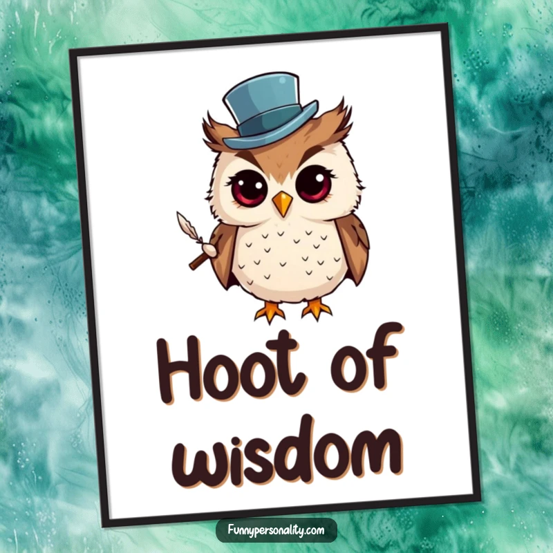 Funny Poster: A curious owl wearing a tiny top hat and holding a quill, exuding wisdom and a touch of quirky intellect.