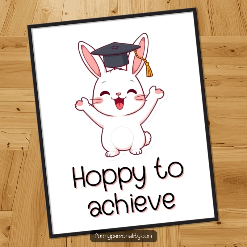 Funny poster depicting a happy rabbit character enthusiastically waving a tiny graduation cap, celebrating success.