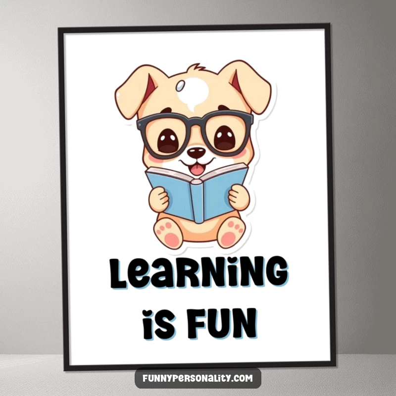 Funny poster print of a cartoon puppy wearing glasses, smiling broadly while reading a book, conveying intellect and joy.