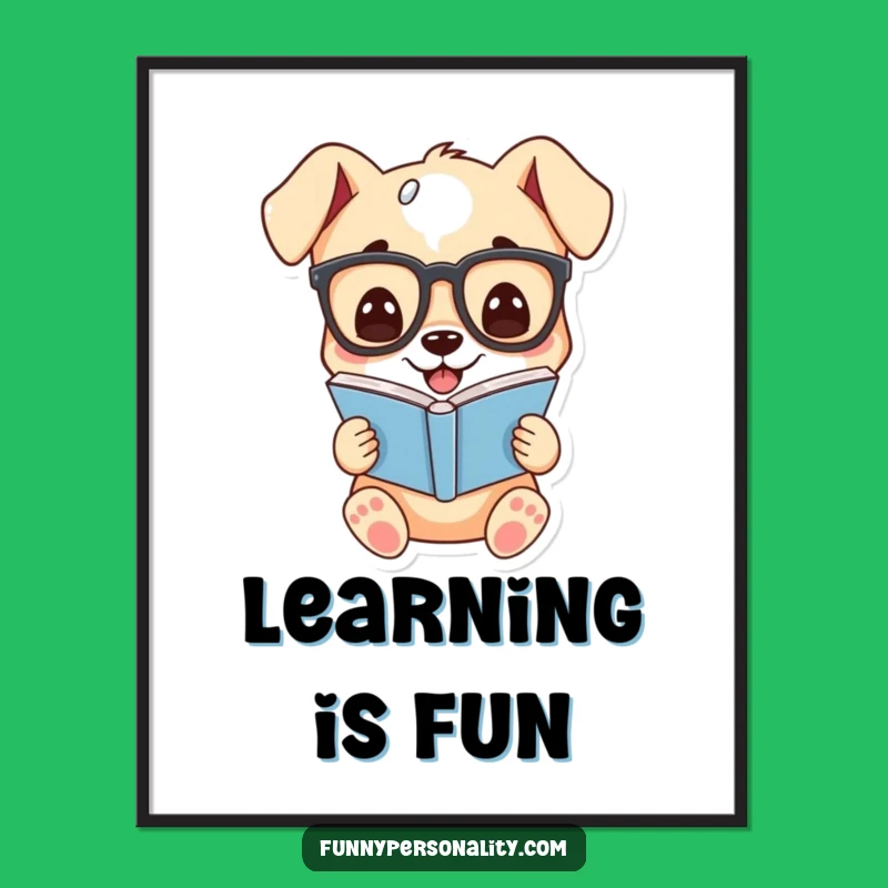 Funny Puppy Glasses Poster: Cute Cartoon Art, Humorous Bookish Decor Gift
