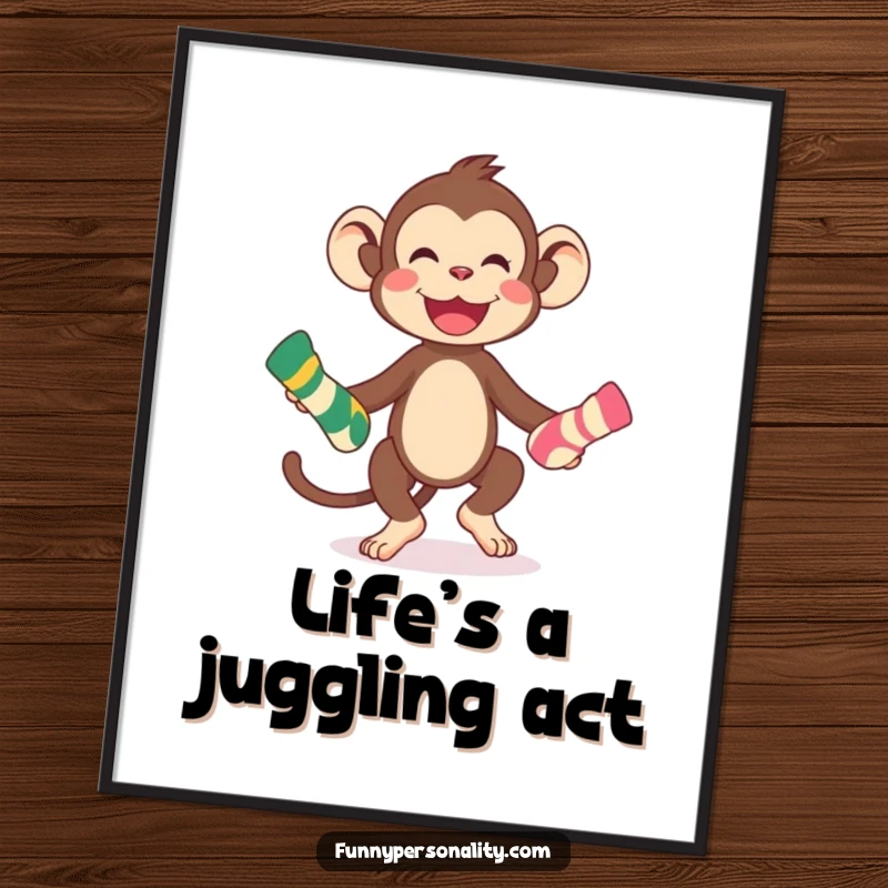 Funny playful monkey character juggling three colorful socks, displayed as wall art, bringing cheer and a funny gift.