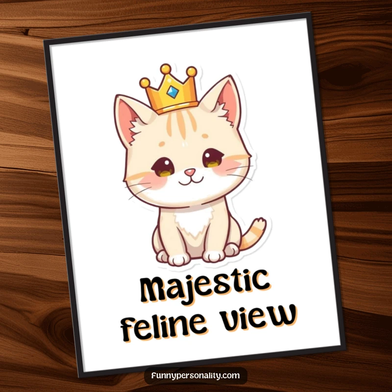 Funny cat character wearing a golden crown, looking regal and dignified, humorous wall art for cat lovers.