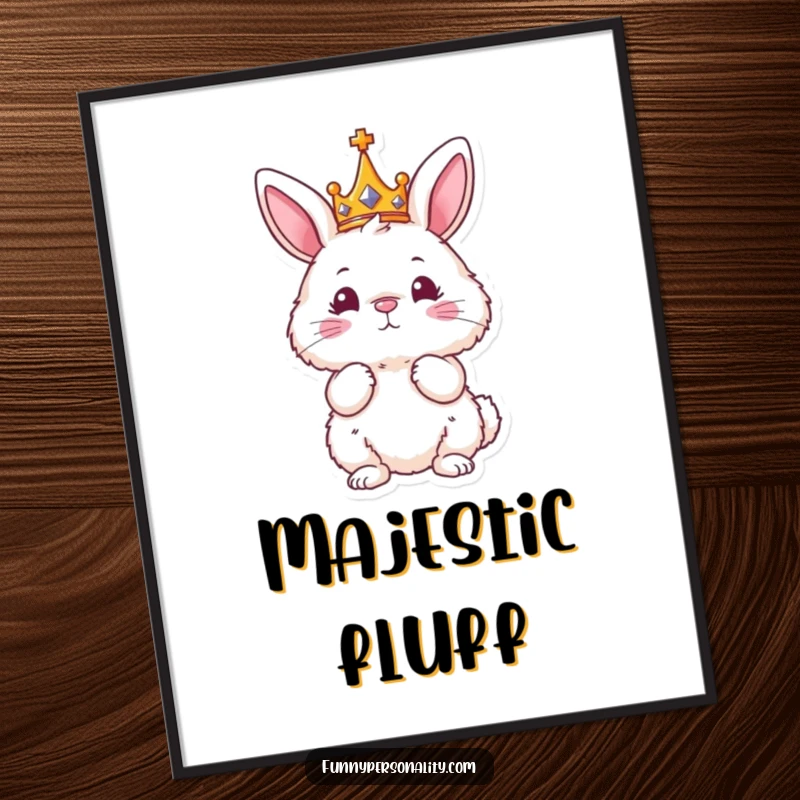 Funny poster art of a fluffy bunny with a crown, striking a majestic pose, perfect for regal decor.
