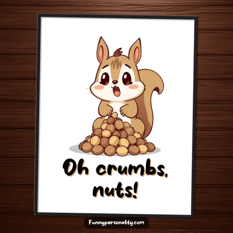 Funny Squirrel Poster depicting a surprised squirrel dropping a pile of nuts, a humorous and relatable piece of wall art.