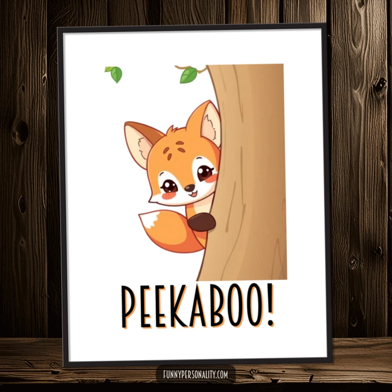 Funny poster print of a playful cartoon fox peeking around a tree with a mischievous grin, evoking curiosity and humor.