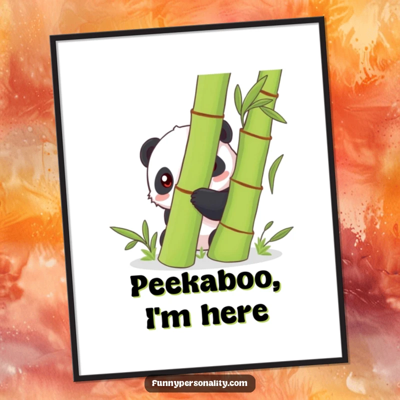Funny shy panda character concealed behind a large bamboo stalk, presented as a charming poster, evoking feelings of peace and introversion.