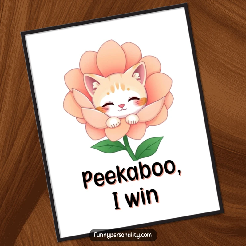 Funny Poster: A shy cat character peeks from behind a large, colorful flower, adding a whimsical and humorous touch to decor.