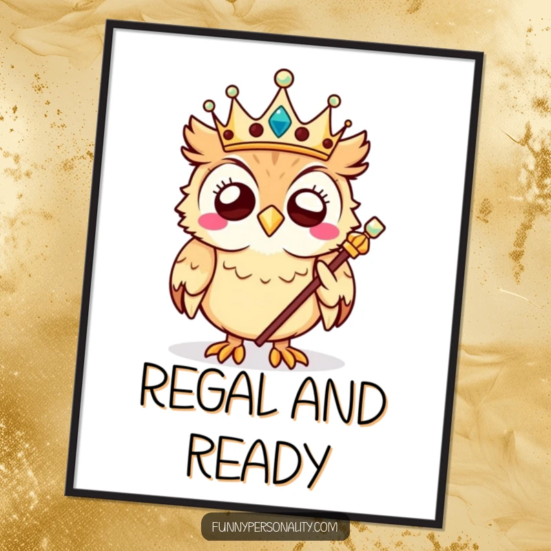 Funny owl poster showing a giggling owl king with a crown and scepter, capturing wise humor and regal fun.