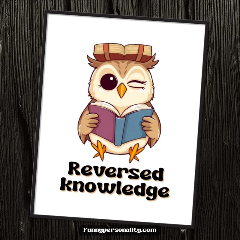 Funny poster featuring a winking owl grinning while reading a book upside down, a humorous and charming illustration for wall decor.