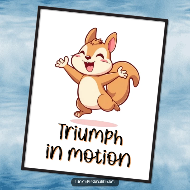 Energetic squirrel poster depicting a squirrel character in a triumphant leap, bringing dynamic energy and motivation.