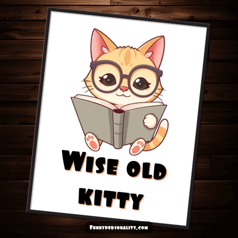 Funny poster of a silly cat wearing oversized spectacles, intently reading a giant book, adding humor to decor.