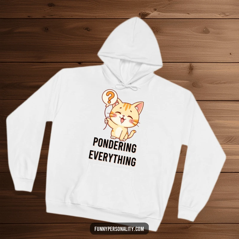 Funny Cat Question Balloon Hoodie: A soft hoodie with a curious cat pointing at a question mark balloon, perfect for thoughtful comfort. Gift.