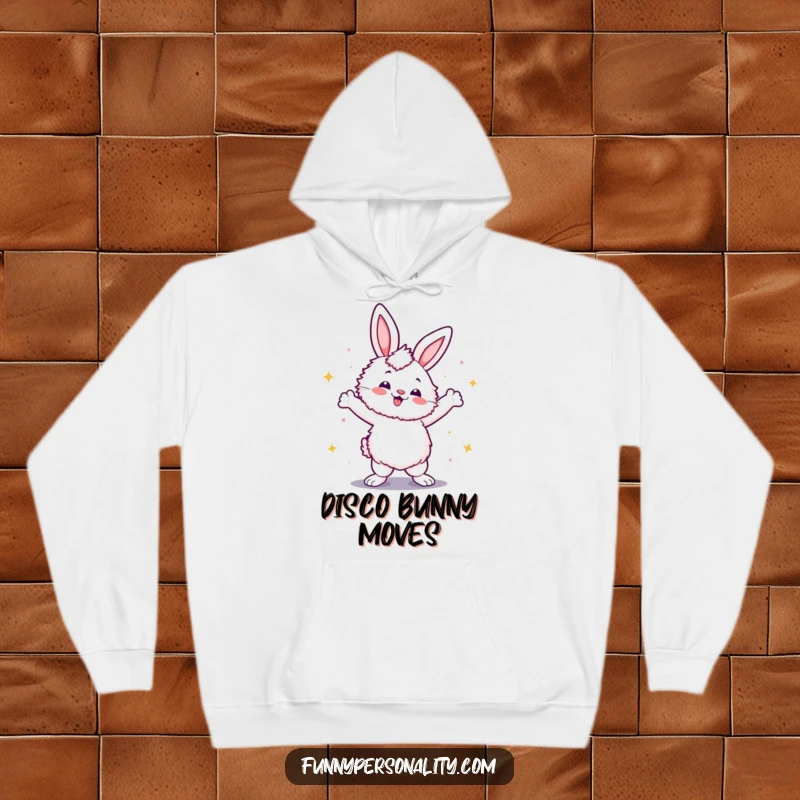 Funny hoodie featuring a fluffy rabbit striking a confident disco dance pose, perfect for staying warm while dancing or celebrating.