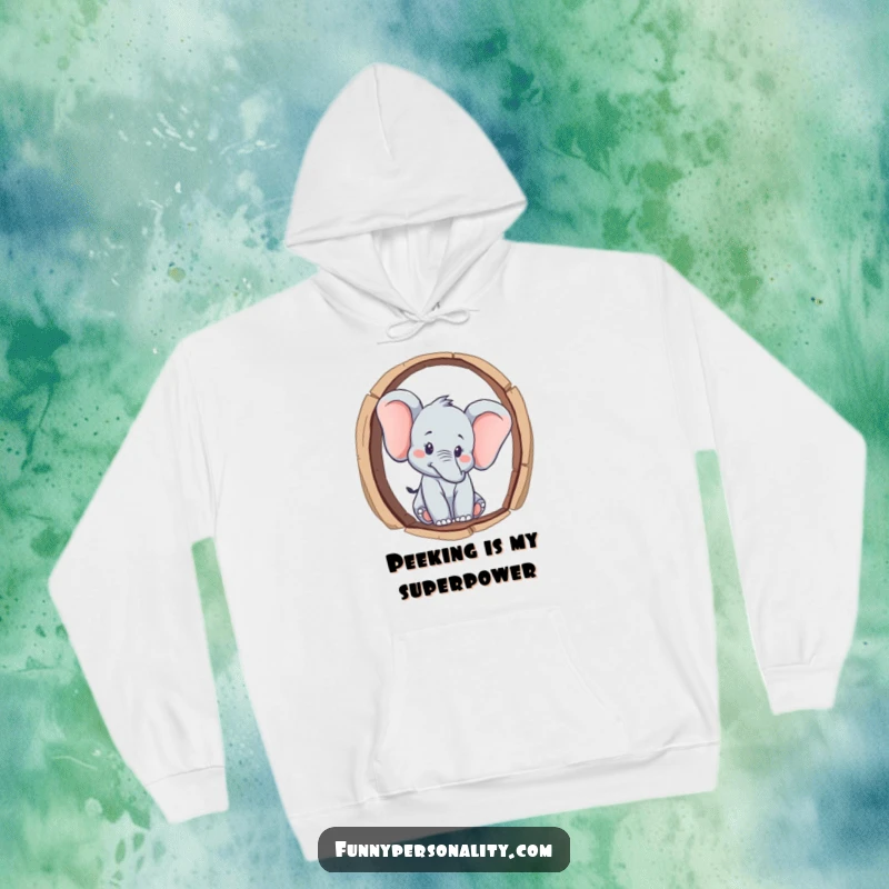 Funny curious elephant character peeking through a keyhole, depicted on a soft hoodie, inviting exploration and a funny gift.