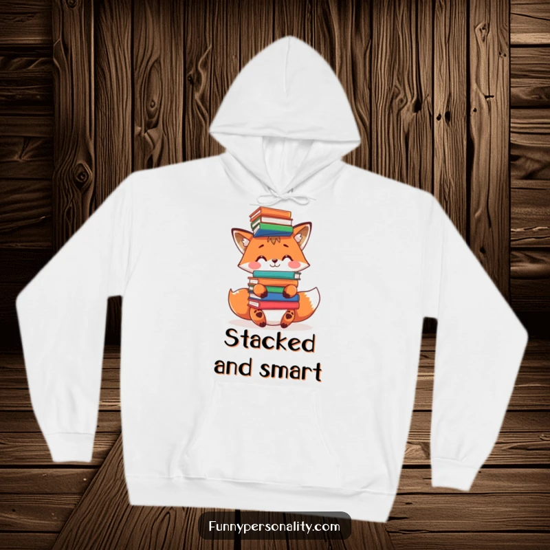 Funny fox hoodie: a warm hoodie featuring a playful fox character intently balancing a large stack of books on its head.