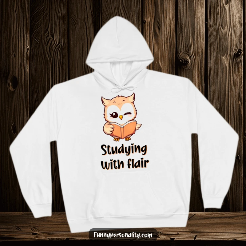Funny winking owl character reading a book with its wing, depicted on a soft hoodie, perfect for cozy reading sessions and a funny gift.