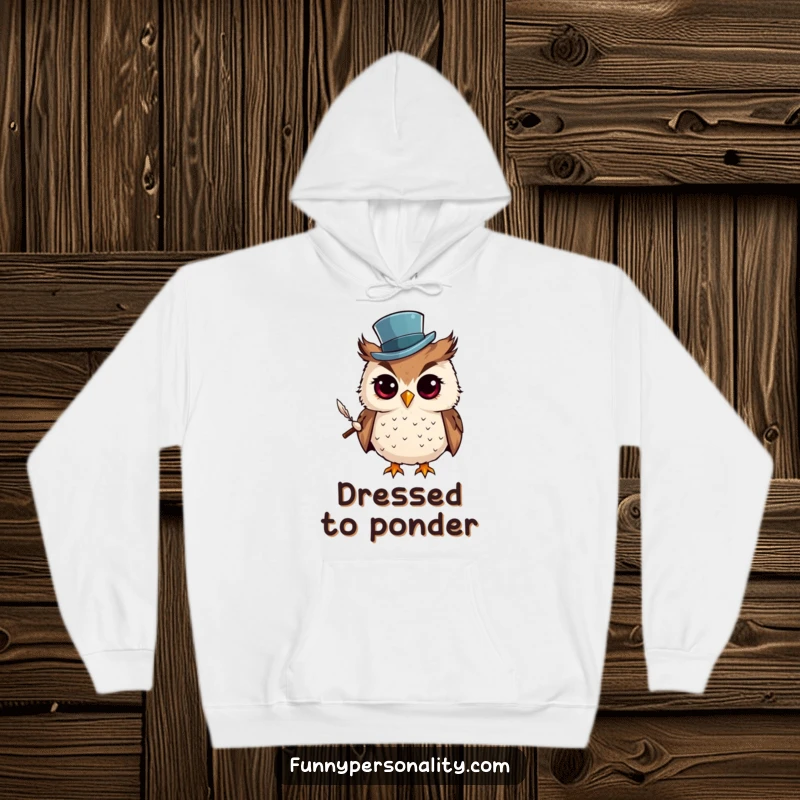 Funny Hoodie: A curious owl wearing a tiny top hat and holding a quill, offering cozy comfort and a touch of scholarly charm.