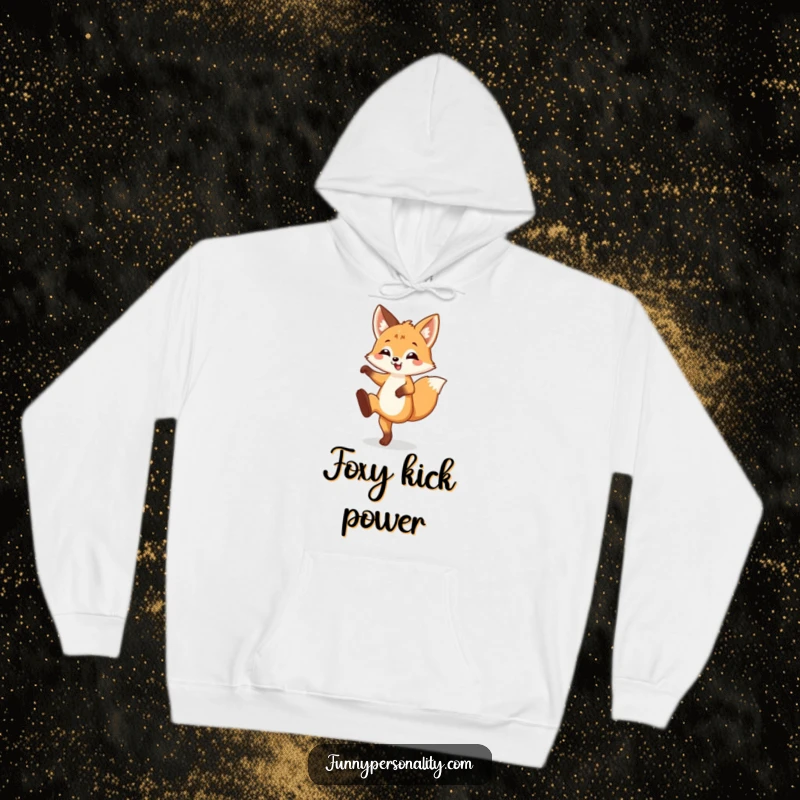 Funny Hoodie featuring a happy fox cub doing a silly leg kick, bringing warmth and a splash of energetic fun.