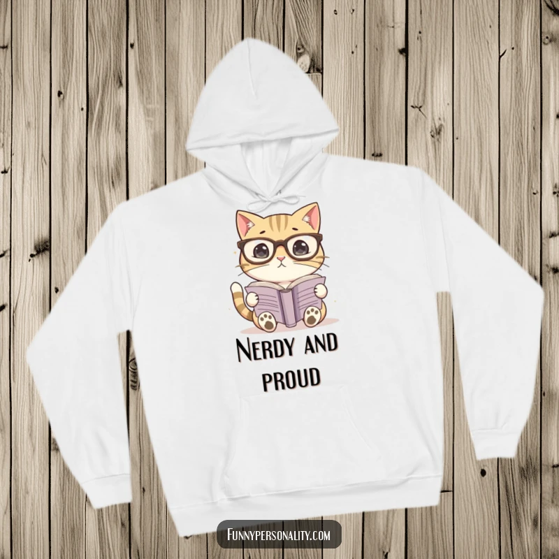 Funny hoodie featuring a cat in large glasses reading a book, offering comfort and intellectual vibes. Cozy and smart.