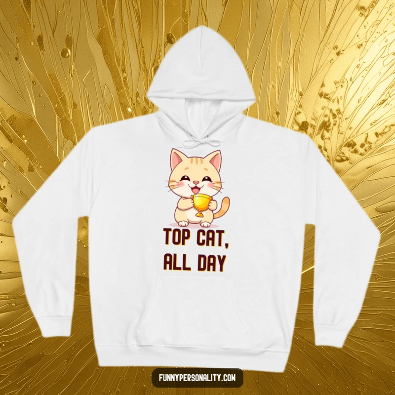 Funny cat hoodie featuring a grinning character holding a tiny, glowing trophy, representing pride and cozy comfort.