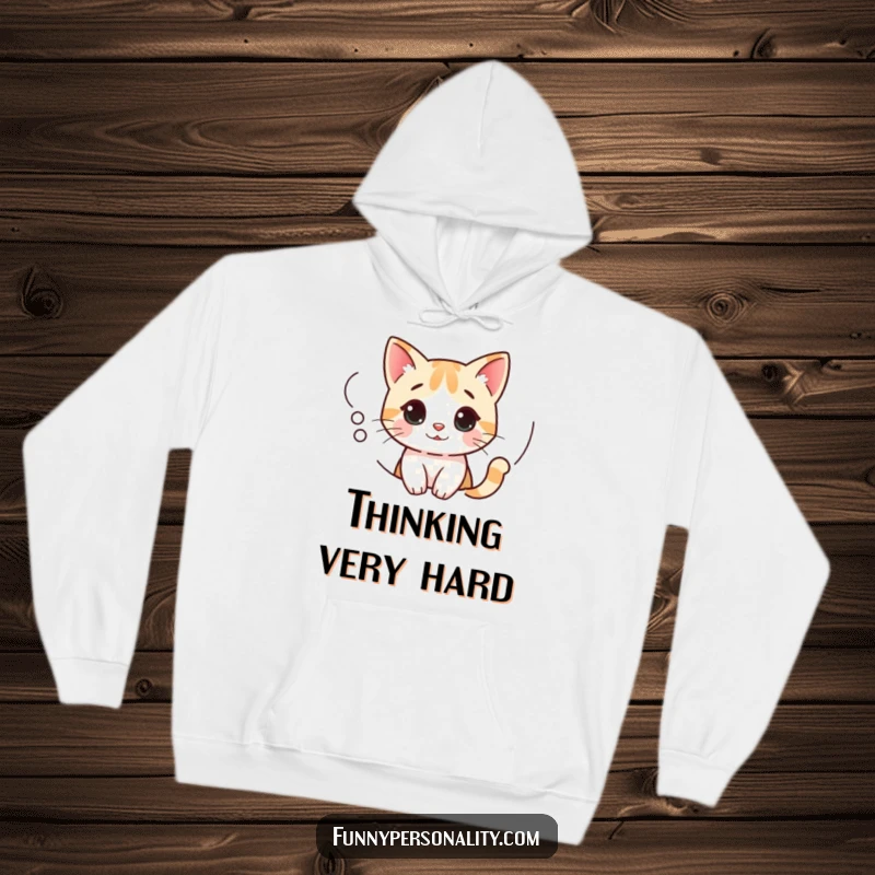 Funny Cat Hoodie showcasing a curious cat peeking out from a thought bubble, offering warmth and whimsical thought.
