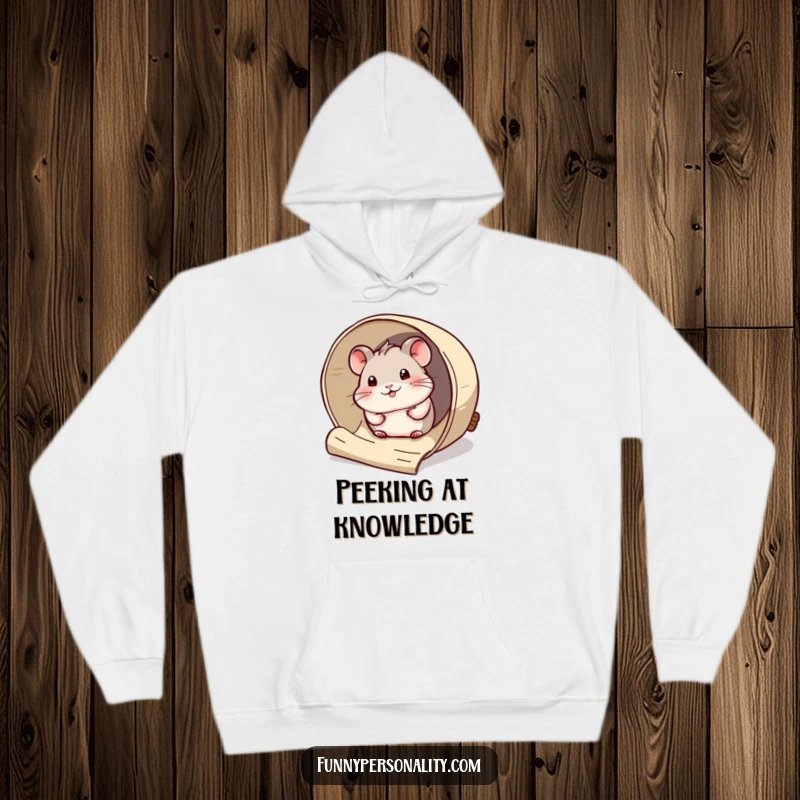 Funny Hoodie: A curious hamster peeks out from a giant rolled-up scroll, perfect for cozy humor as a gift.