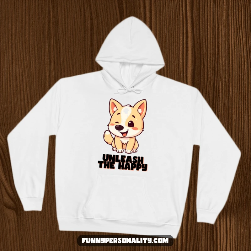Funny dog hoodie featuring a happy dog character with an exaggerated tail wag, perfect for lounging and spreading cheer.