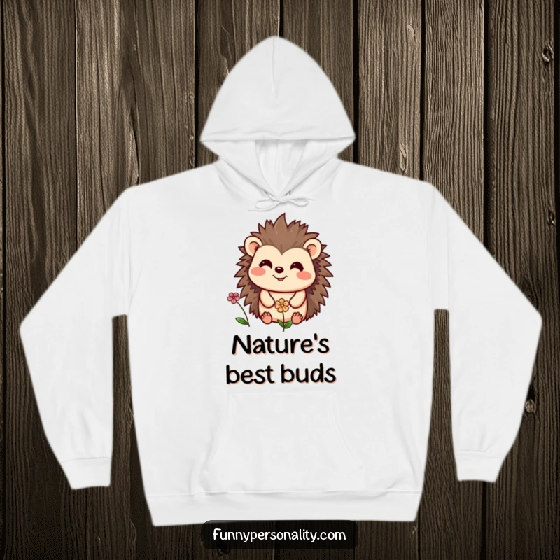 Funny hoodie with a cheerful hedgehog smiling lovingly at a small flower, a cozy and heartwarming illustration for everyday wear.