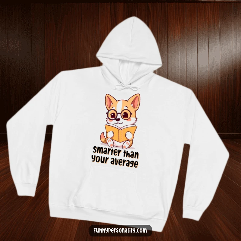 Funny Hoodie: A playful dog character with a monocle is deeply absorbed in reading a book, radiating studious charm.