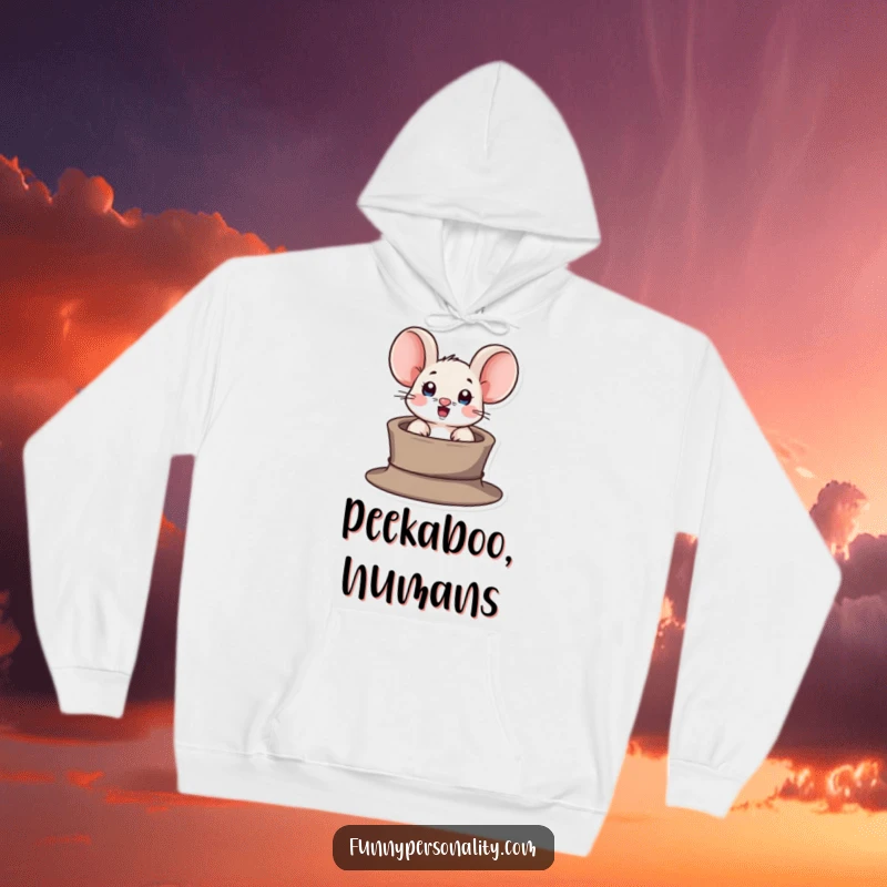 Funny hoodie featuring a surprised mouse character popping its head out of a tiny hat, offering cozy humor and surprise.