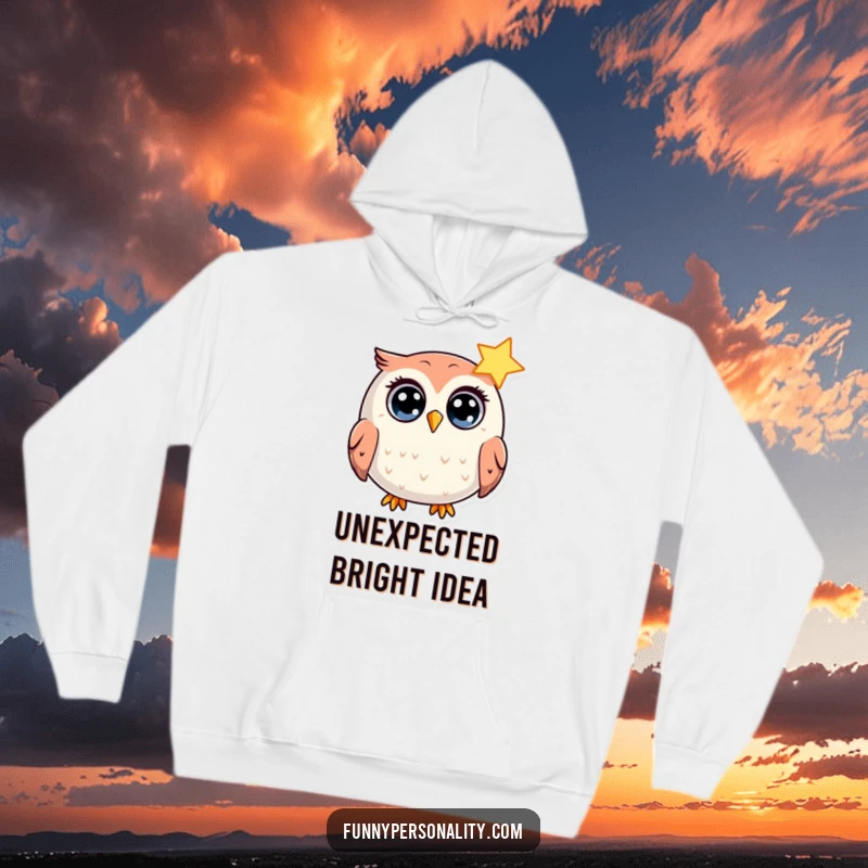 Funny Hoodie: A round owl with wide eyes shows surprise at a shining star, a cozy and humorous wearable gift.