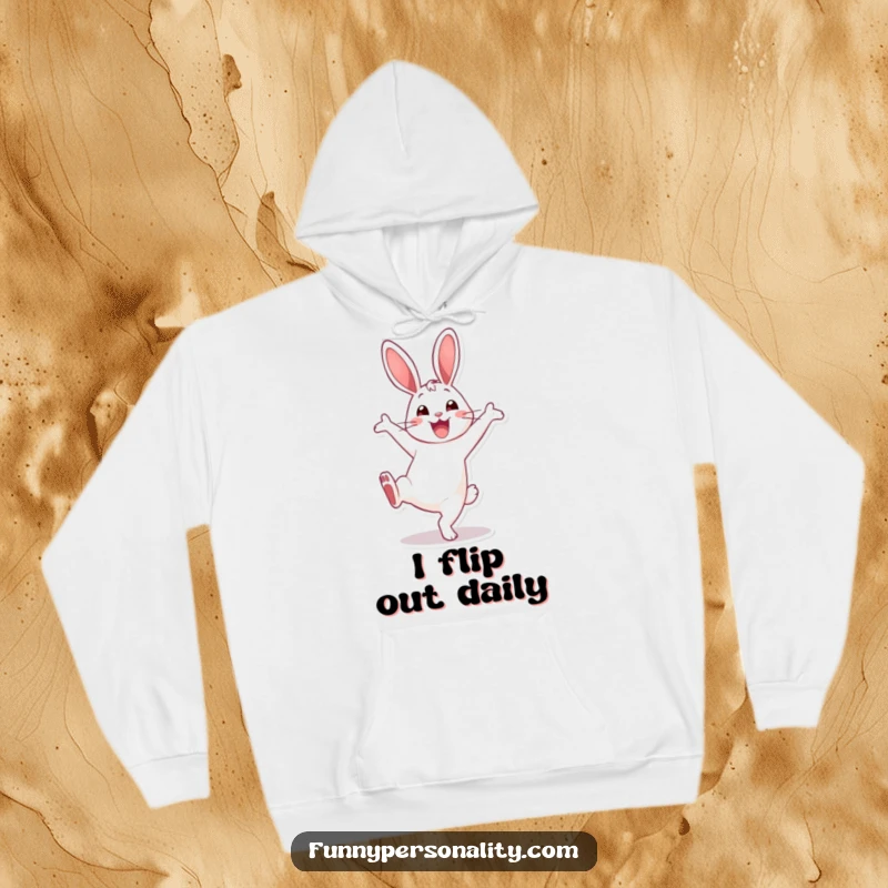 Funny Hoodie: An upbeat rabbit cheerfully doing a cartwheel, radiating happiness and sporty fun for a cozy, humorous feel.
