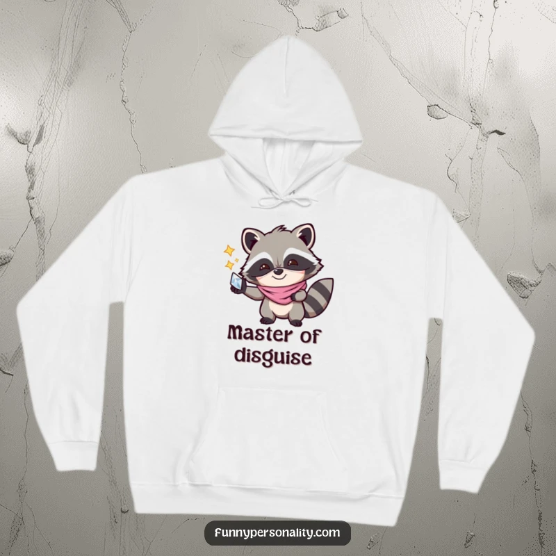 Funny Hoodie: A joyful raccoon wearing a mask and holding a shiny object, offering cozy comfort and a touch of playful banditry.