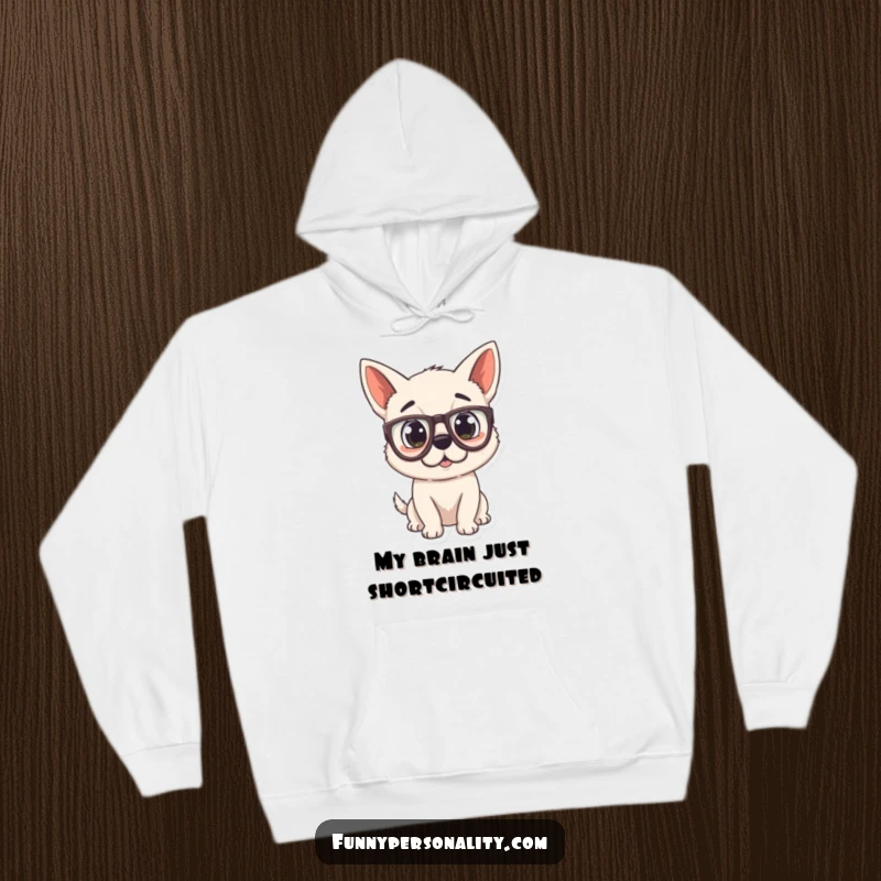Funny Dog Hoodie with a surprised puppy wearing comically large glasses, offering warmth and a dose of humor.