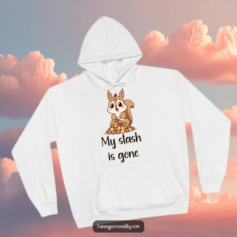 Funny Squirrel Hoodie showcasing a surprised squirrel dropping a pile of nuts, offering warmth and comical mishap.
