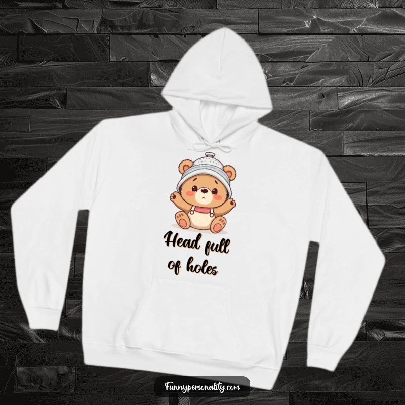 Funny Hoodie featuring a clumsy bear cub wearing a colander as a hat, looking utterly bewildered and cute.