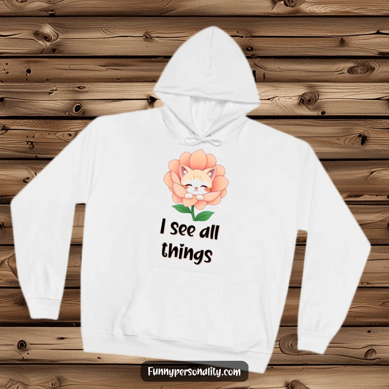Funny Hoodie: A shy cat character peeks from behind a large, colorful flower, exuding quiet charm and cozy humor.