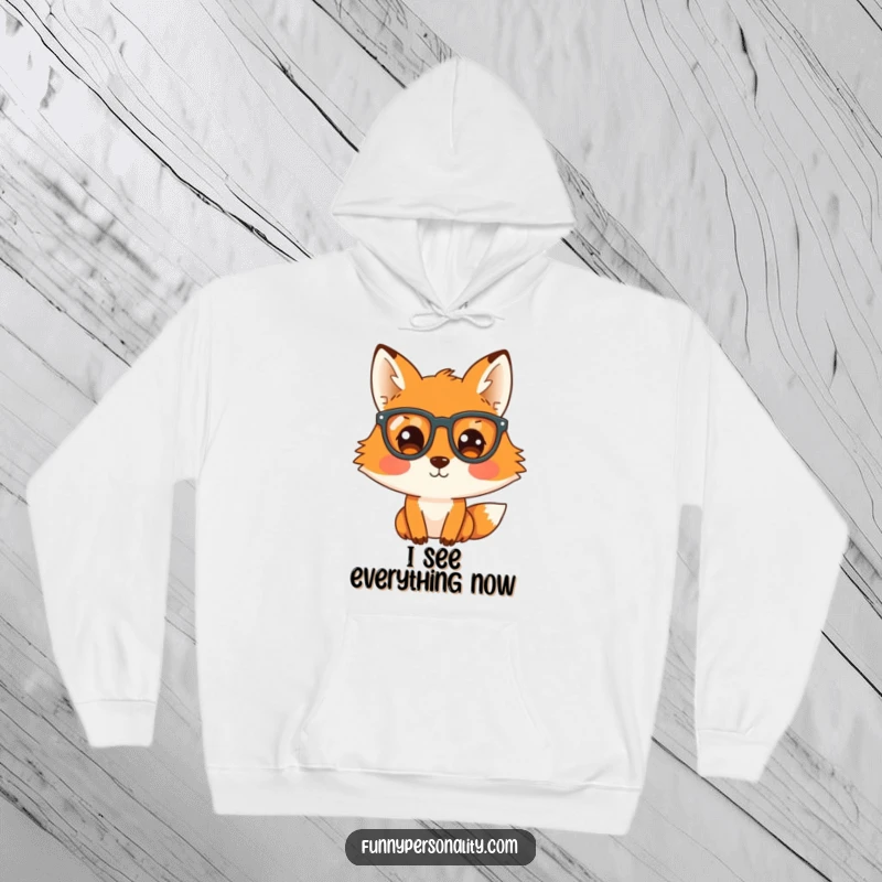 Funny hoodie depicts a curious fox in oversized spectacles, peering out, a comfortable and witty apparel choice.
