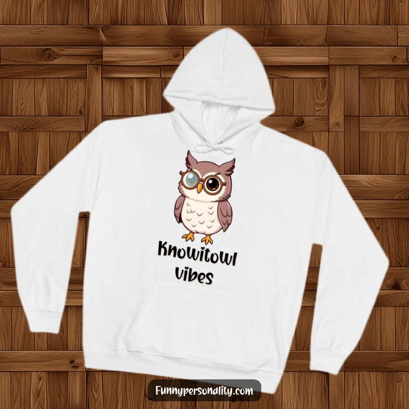 Cozy wise owl hoodie featuring an intelligent owl character with a monocle, perfect for intellectuals and gift-givers.