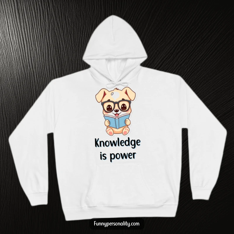 Funny and cozy hoodie featuring a cartoon puppy wearing glasses and reading a book with a joyful grin.