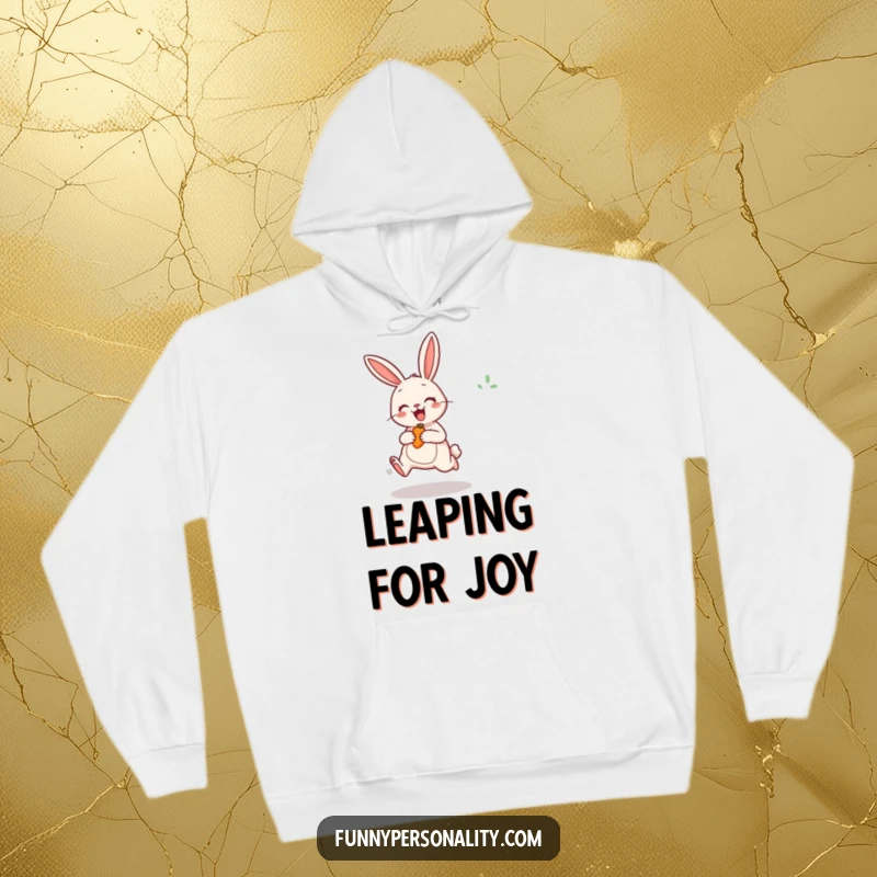 Funny Rabbit Hoodie featuring a cheerful bunny excitedly jumping for a carrot, offering warmth and playful energy.